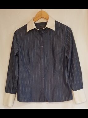 Classiques Entier Navy Pinstripe Shirt with White Trim Size S